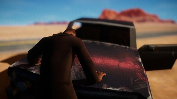 El Paso, Elsewhere's main character leans on the hood of a car.
