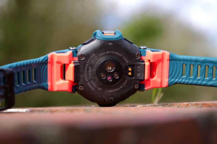 The G-Shock GBD-H2000's case back and heart rate sensor.
