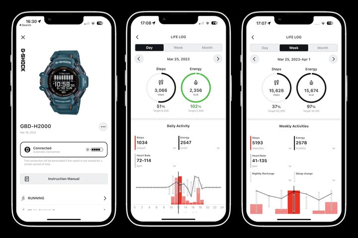 Screenshots from the Casio Watches app, paired with the G-Shock GBD-H2000.