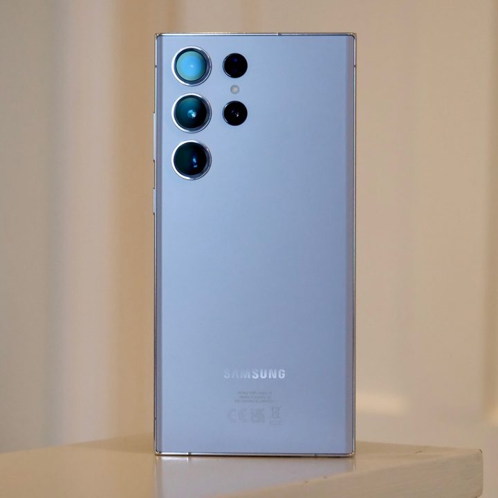 Samsung Galaxy S23 Ultra in Sky Blue, seen from the back.
