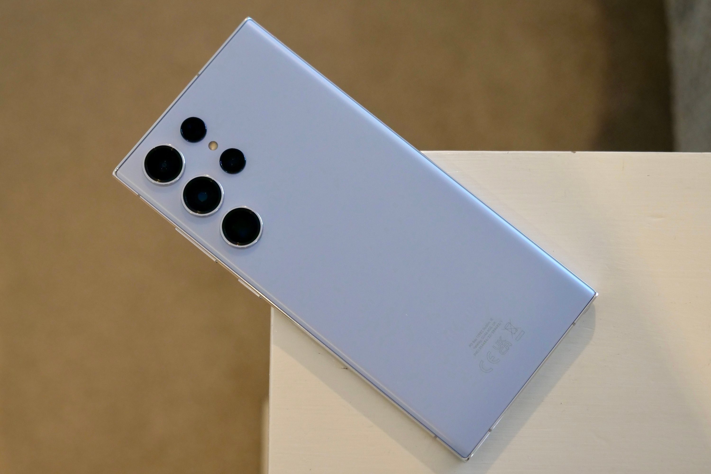 Samsung Galaxy S23 Ultra in Sky Blue, seen from the back.