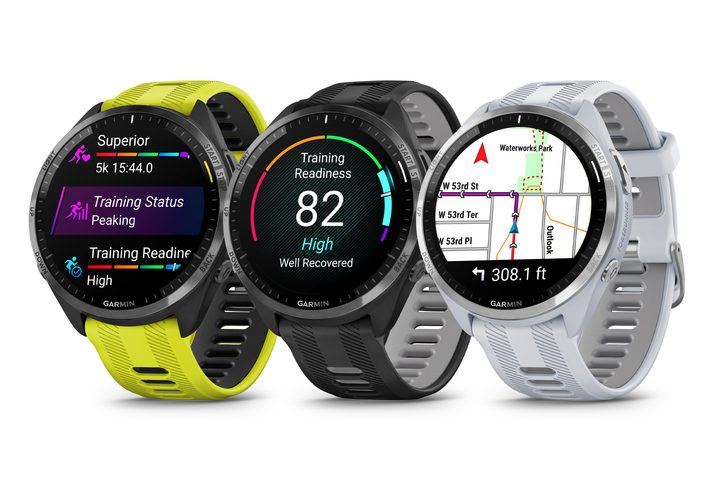 Garmin Forerunner 965 smartwatch family in three colors.