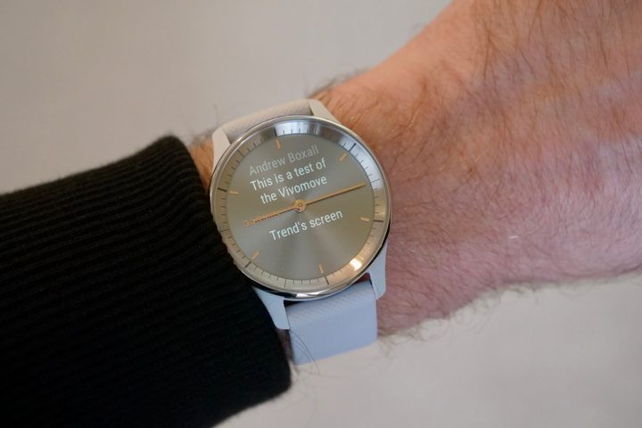 A notification on screen on the Garmin Vivomove Trend.