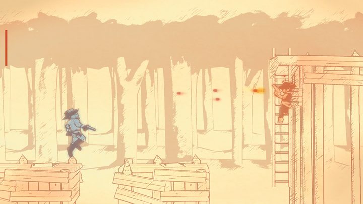 Gunman Clive fights an enemy while climbing a ladder.