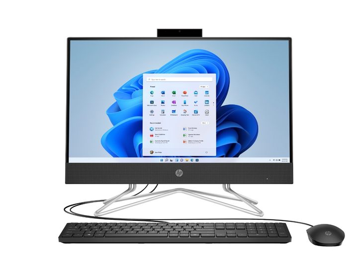 The HP All-in-One PC 22 with the Windows 11 interface on the screen.