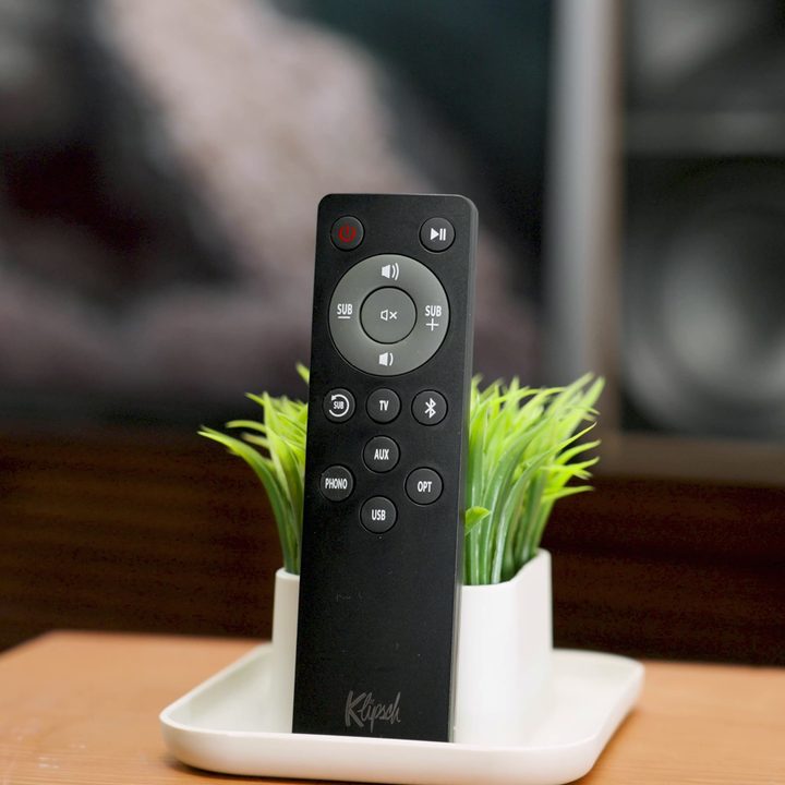Klipsch The Nines remote control leaning on a small potted plant.