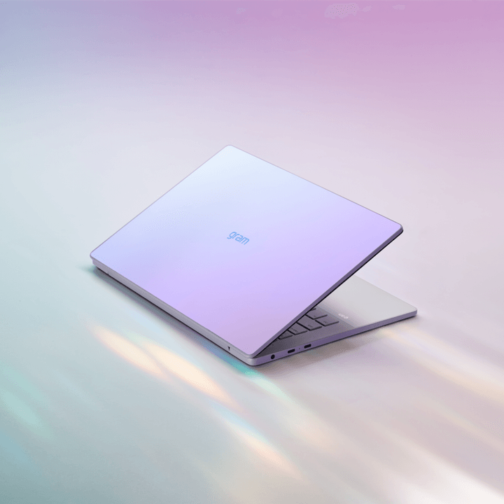 LG Gram Style laptop lifestyle image with colored background.