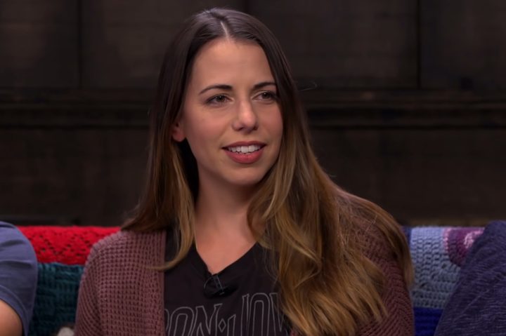 Laura Bailey wears a cardigan on Talks Machina.