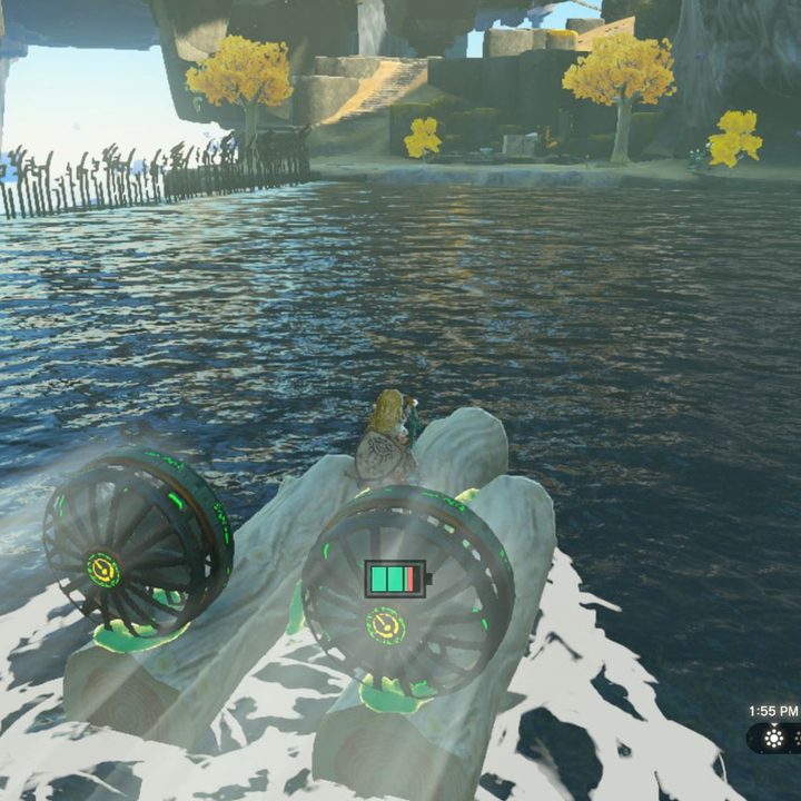 Link rides a boat he made with Fuse in The Legend of Zelda: Tears of the Kingdom.