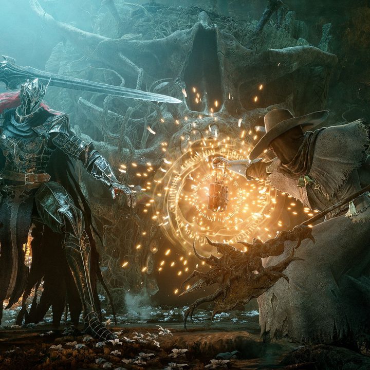 A cleric fights a boss in Lords of the Fallen.