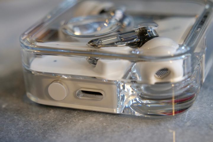 The charging port and pairing button on the Nothing Ear 2's case.