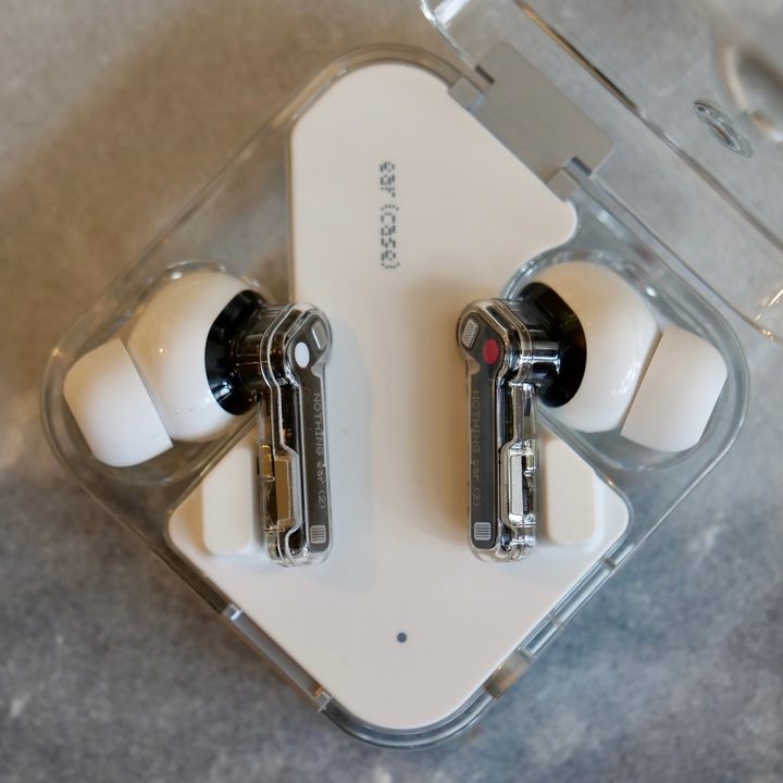 The top of the open Nothing Ear 2's case, with the earbuds inside.