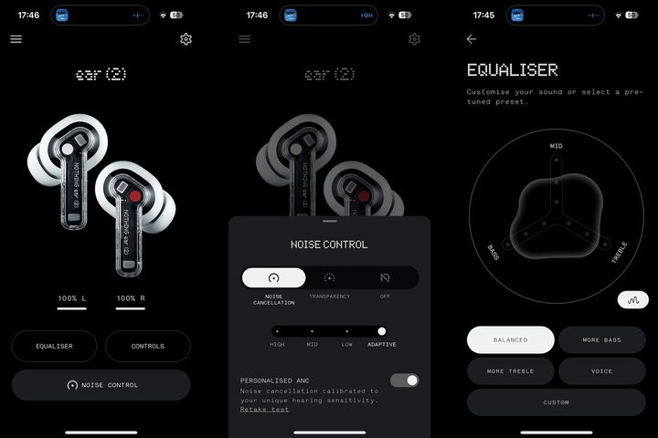 Screenshots from the Nothing X app.