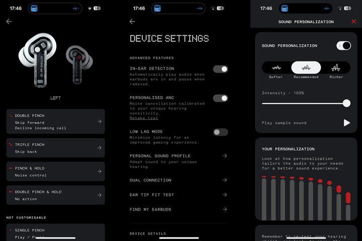 Screenshots from the Nothing X app.