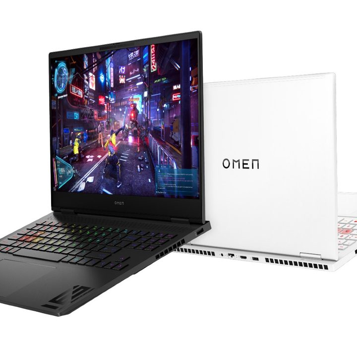 A press photo showing two color options of the Omen Transcend 16.