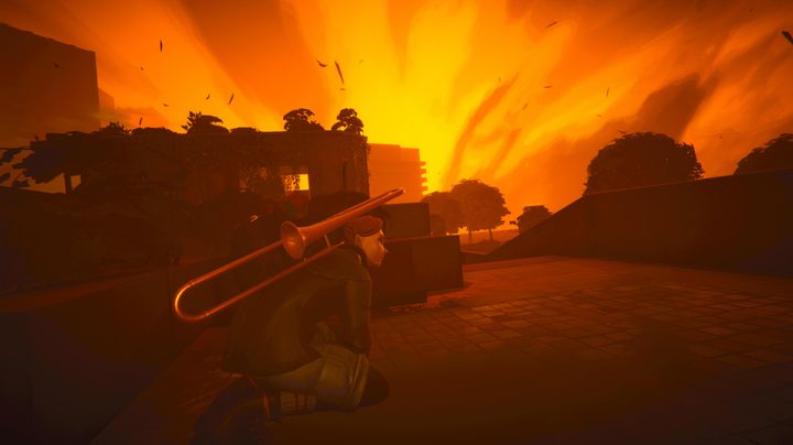 A girls kneels with a trombone slung across her back, as an amber sky swirls uncontrollably.