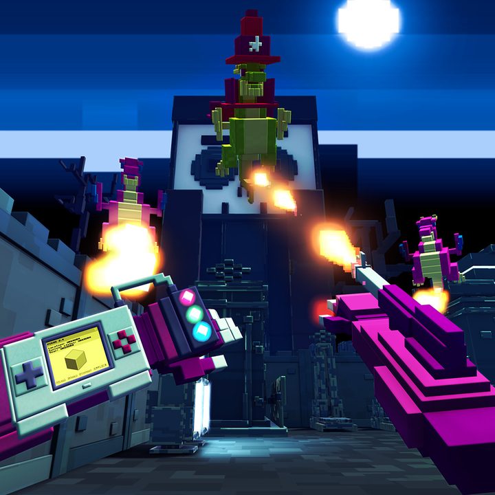 A person in first-person VR shoots a pixelated enemy in Pixel Ripped 1978.