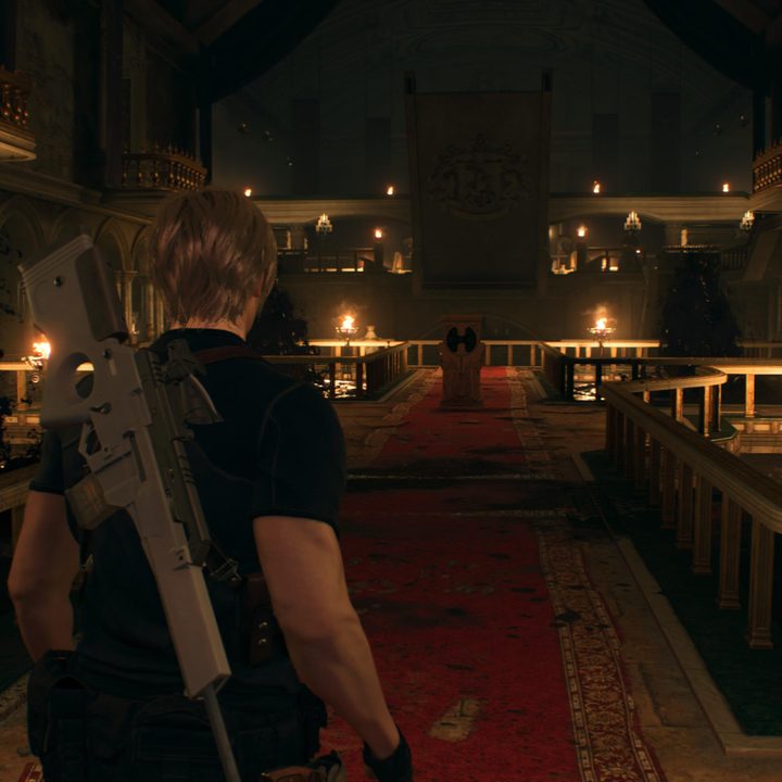Leon in Water Hall in Resident Evil 4.