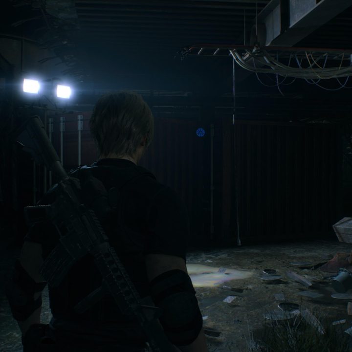 Leon looks at a blue medallion