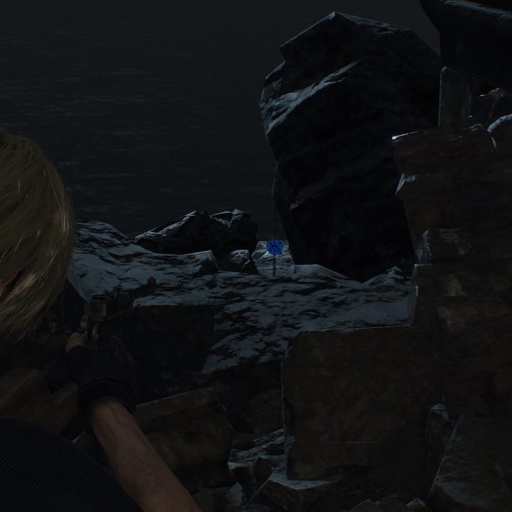 Leon looks at a blue medallion