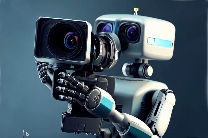 Robot holding a video camera, generated by Bing.