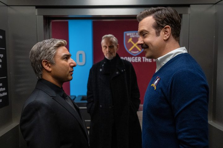 Rupert stands between Ted and Nate in Ted Lasso Season 3.