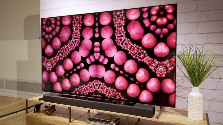 Geometric patterns made in red fruits shown on a Sony X90L.