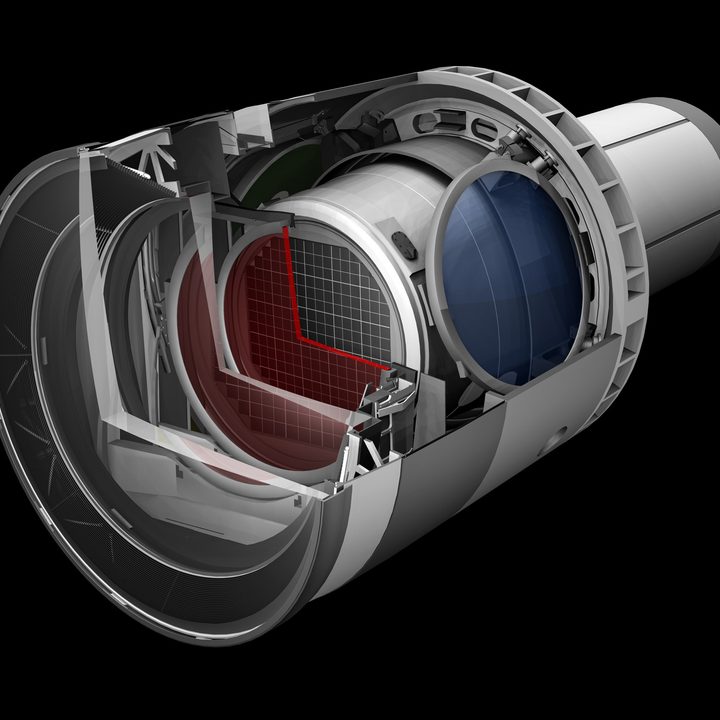A baseline design rendering of the LSST Camera with a cut away to show the inner workings.