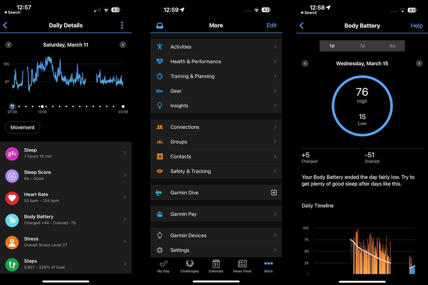 Screenshots from Garmin's Connect app.