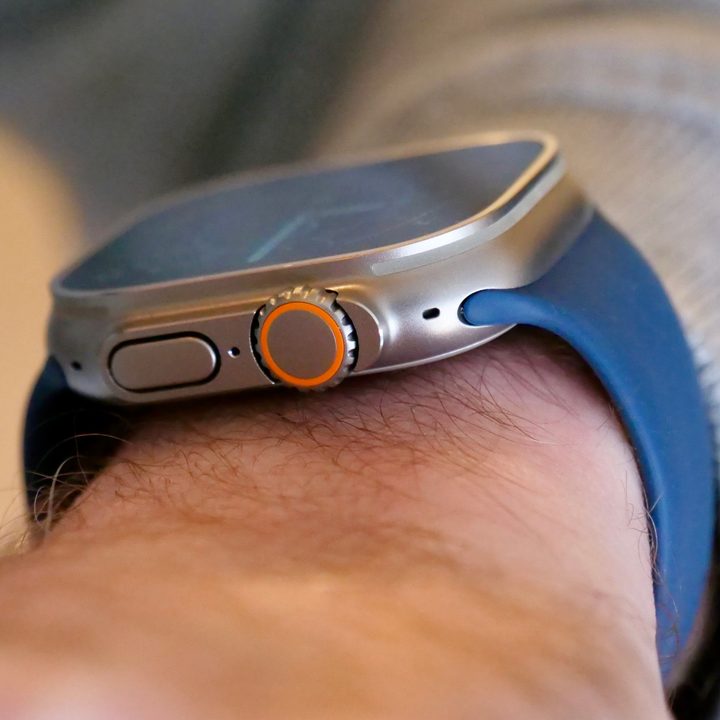 The side of the Apple Watch Ultra with the Solo Loop band.