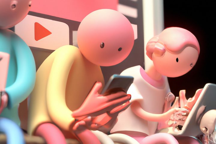 Cartoon characters hooked to their phone.