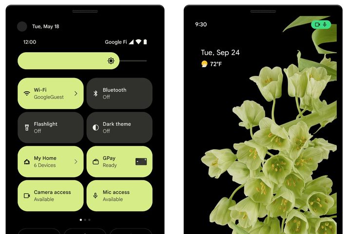 Mic and camera access toggles on an Android phone