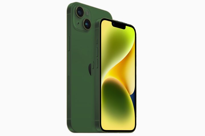 Mockup render of the iPhone 14 in a dark green color.