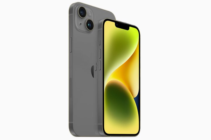 Mockup render of the iPhone 14 in a gray color.