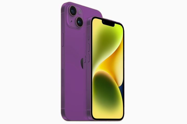 Mockup render of the iPhone 14 in a purple color.