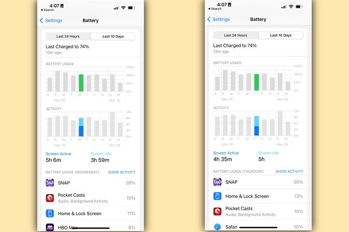 Screenshots of battery life from the iPhone 14 Pro.