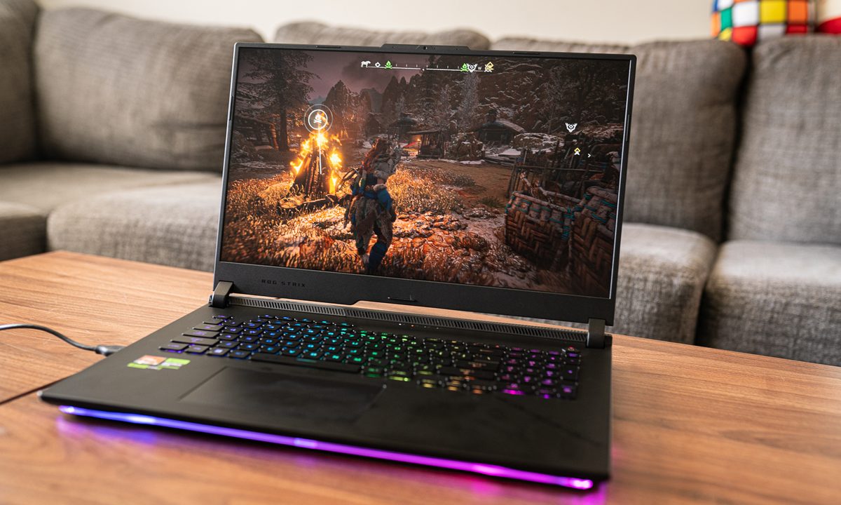 Asus ROG Strix Scar 17 sitting on a table.