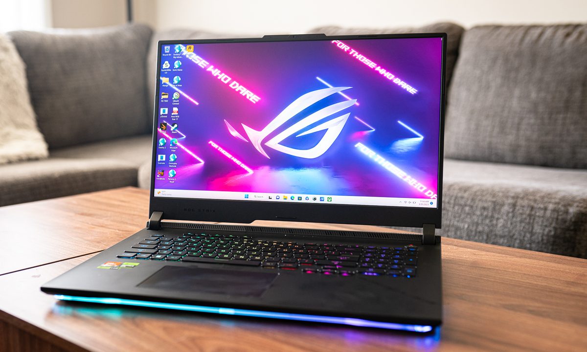 Asus ROG Strix Scar 17 sitting on a table.