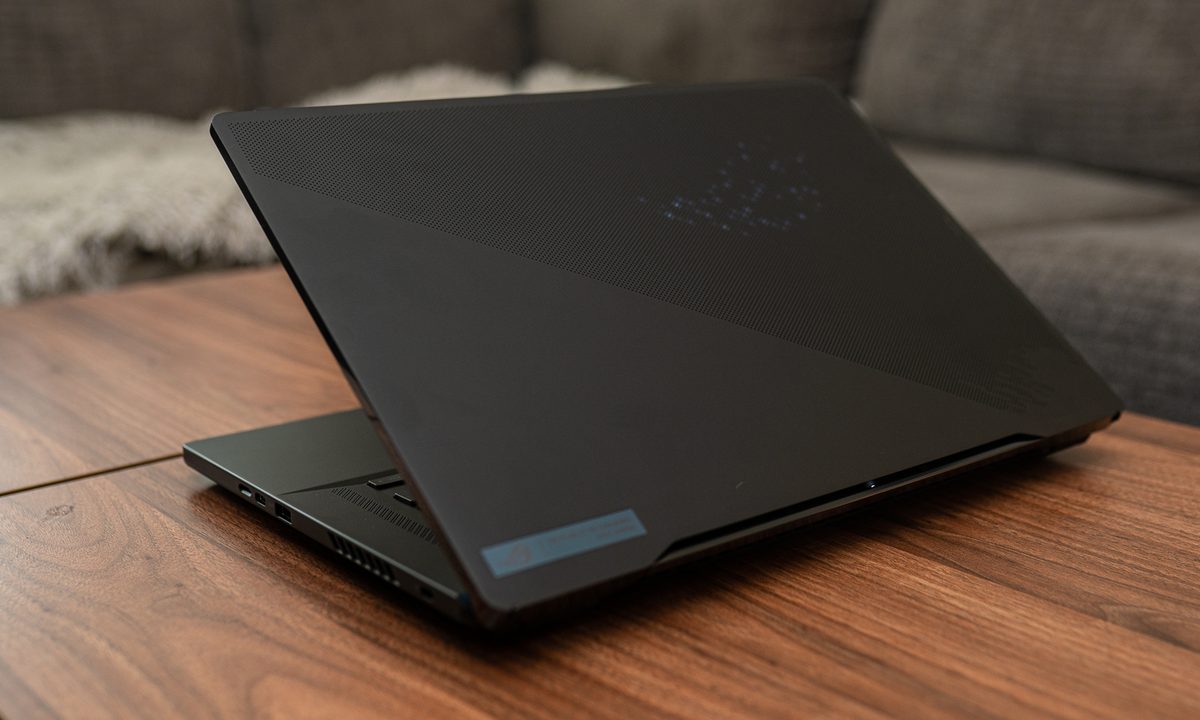 The back of the ASUS ROG Zephyrus M16 sitting on a table