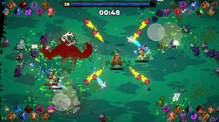 4 capybaras in various consumtes are being swarmed by zombies and fish in a green grassy field.
