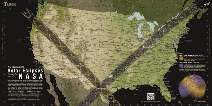 Using observations from different NASA missions, this map shows where the Moon’s shadow will cross the U.S. during the 2023 annular solar eclipse and 2024 total solar eclipse. The map was developed by NASA's Scientific Visualization Studio (SVS) in collaboration with the NASA Heliophysics Activation Team (NASA HEAT), part of NASA’s Science Activation portfolio.