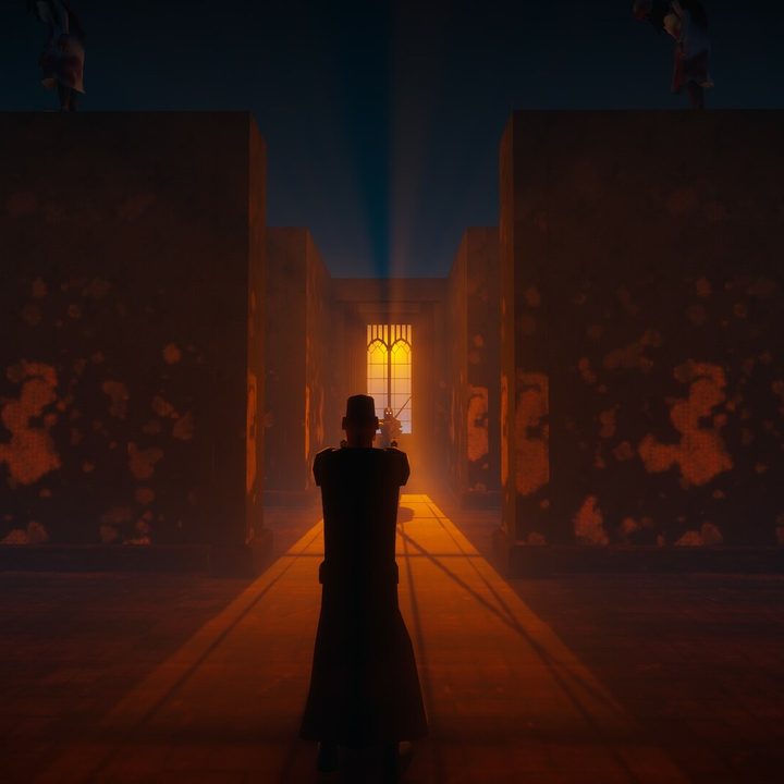 A trenchcoat-clad character walks down a lit hallway in El Paso, Elsewhere.