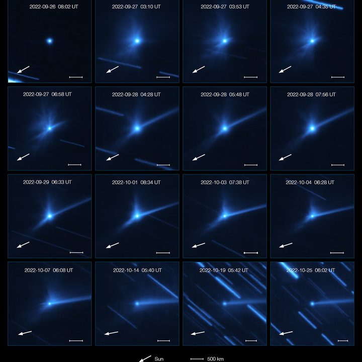 The evolution of the cloud of debris that was ejected when NASA’s DART spacecraft collided with the asteroid Dimorphos.