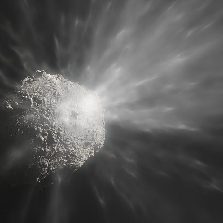 This artist’s illustration shows the ejection of a cloud of debris after NASA’s DART spacecraft collided with the asteroid Dimorphos.