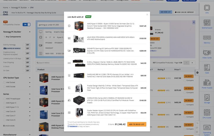 Newegg's AI PC builder recommending a gaming PC under $1,000.