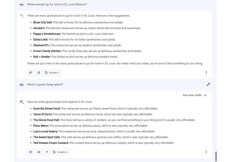 Google Bard recommending places to eat in St. Louis, Missouri.