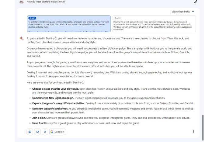 Google Bard talking about starting Destiny 2.