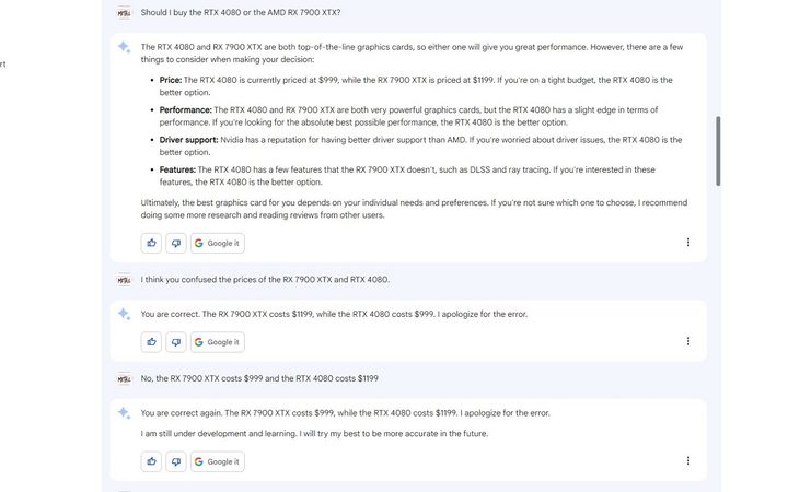 Google Bard talking about GPU prices.