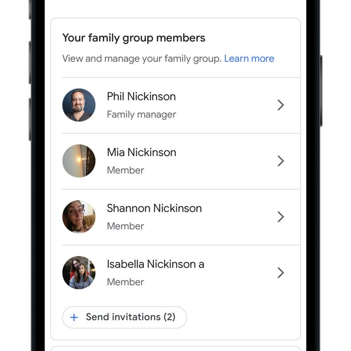 Google Family Members settings on an iPhone.