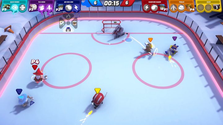 A cardboard goalie defends a hockey goal from a player with a viking helmet.